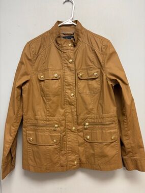 Tommy Hilfiger Utility Jacket Women’s Large Tan Coated Cotton Military Style